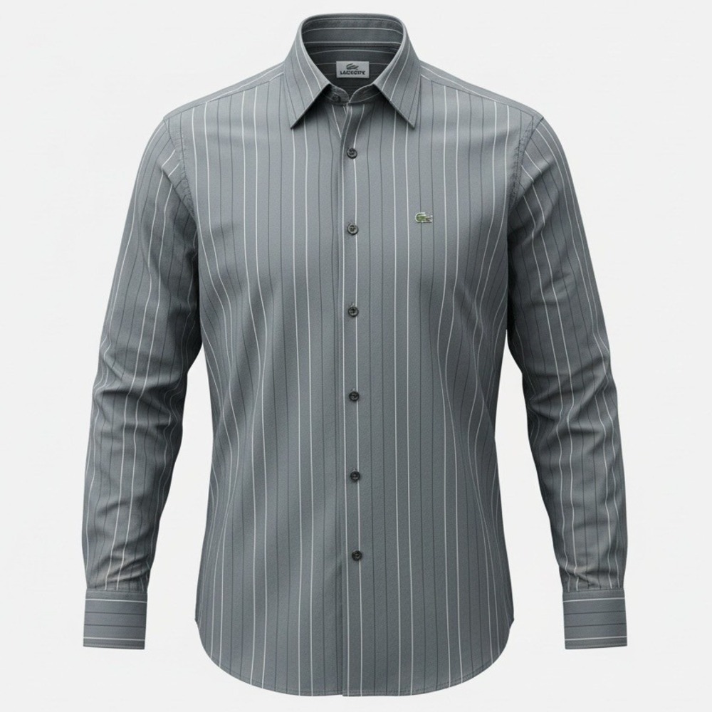 Lacoste Mens Sz 38 M Medium Grey Pinstripe Long Sleeve Button Down Shirt Cotton